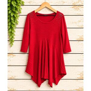 Studio Gem Large Red Textured Sharkbite Hem Embellished 3/4 Sleeve Tunic Top